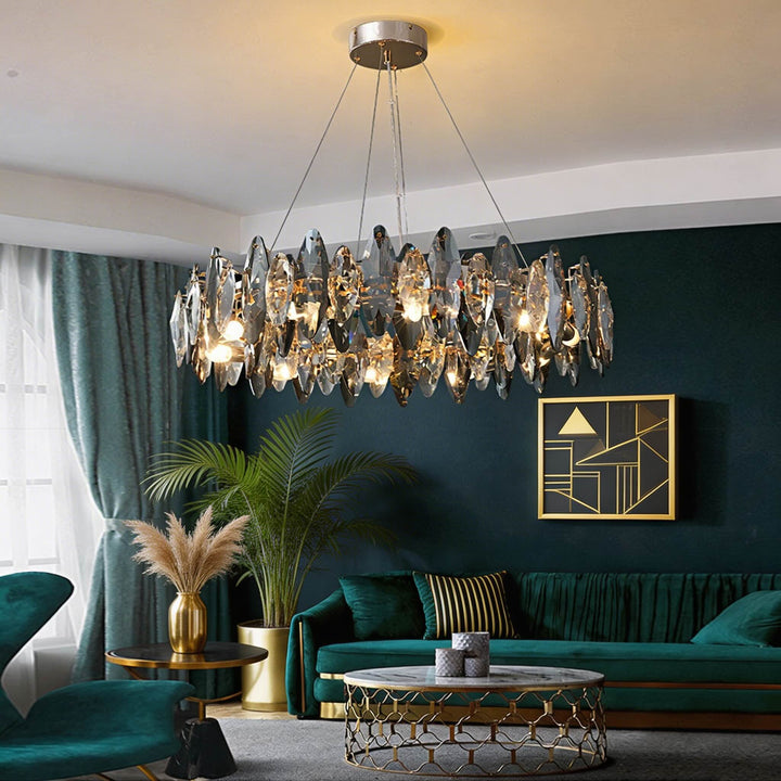Modern Round Chandelier Light Adjustable Hanging Iron Frame K9 Crystal LED 3000K 6