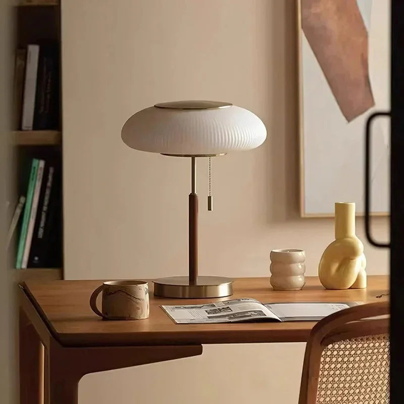 Modern Table Lamp with Adjustable LED Light in Metal Wood and Glass for Living Room Bedroom in the study