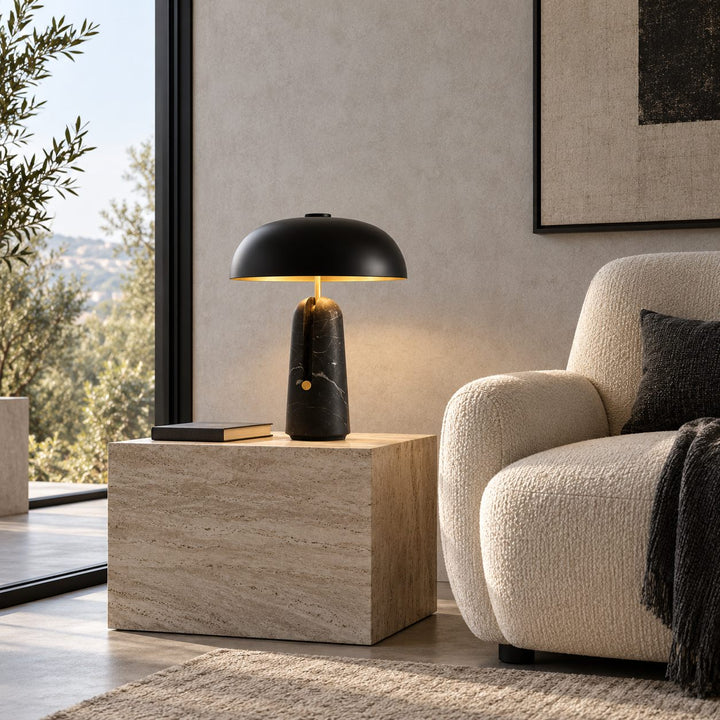 Contemporary Table Lamp with Metal Shade and Travertine Base for Bedroom or Living Room