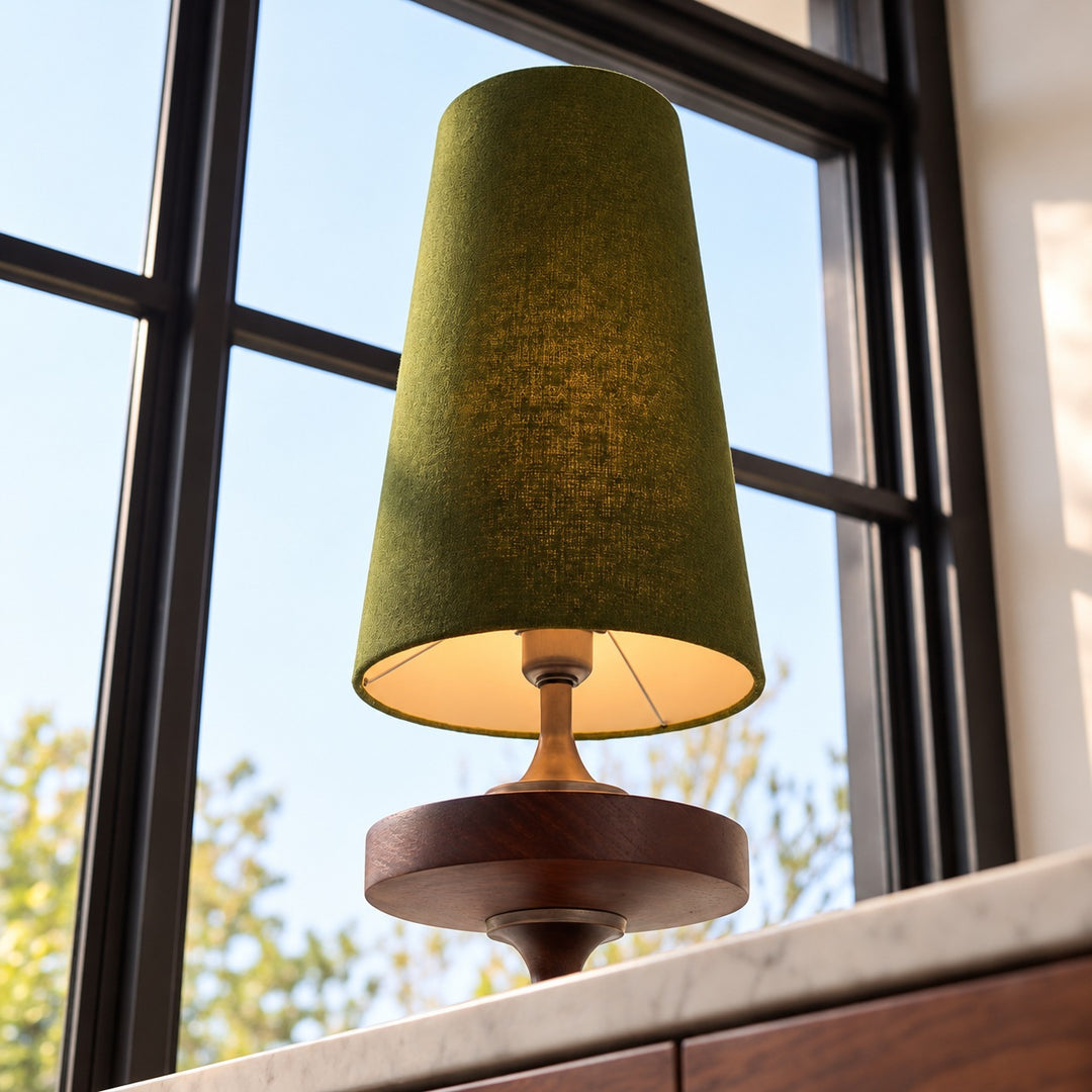 Modern Table Lamp with Tapered Fabric Shade and Walnut Wood Base Dimmable for Bedside or Living Room