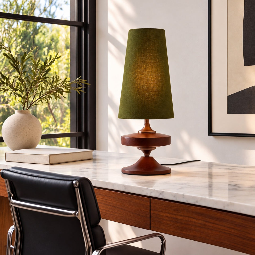 Modern Table Lamp with Tapered Fabric Shade and Walnut Wood Base Dimmable for Bedside or Living Room