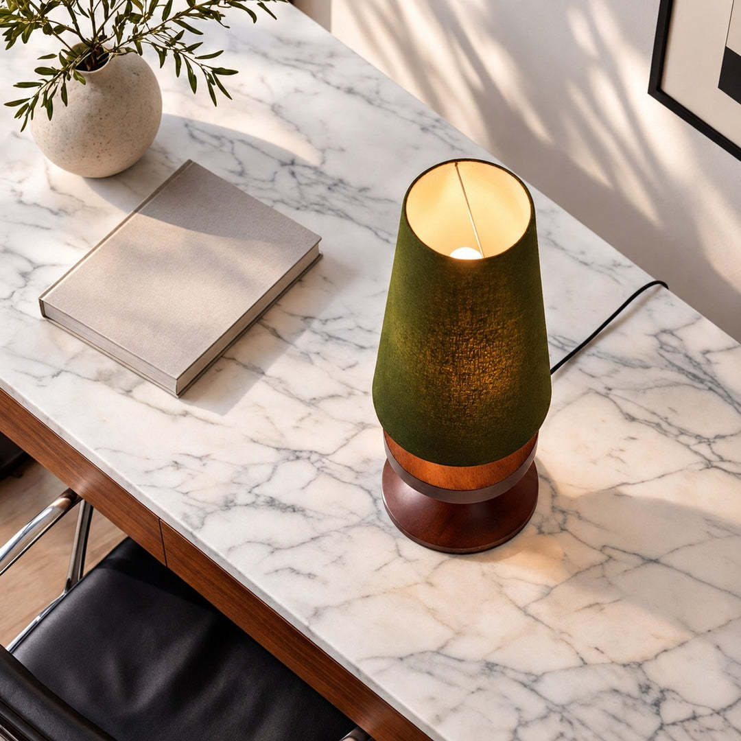 Modern Table Lamp with Tapered Fabric Shade and Walnut Wood Base Dimmable for Bedside or Living Room