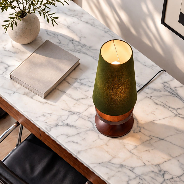 Modern Table Lamp with Tapered Fabric Shade and Walnut Wood Base Dimmable for Bedside or Living Room