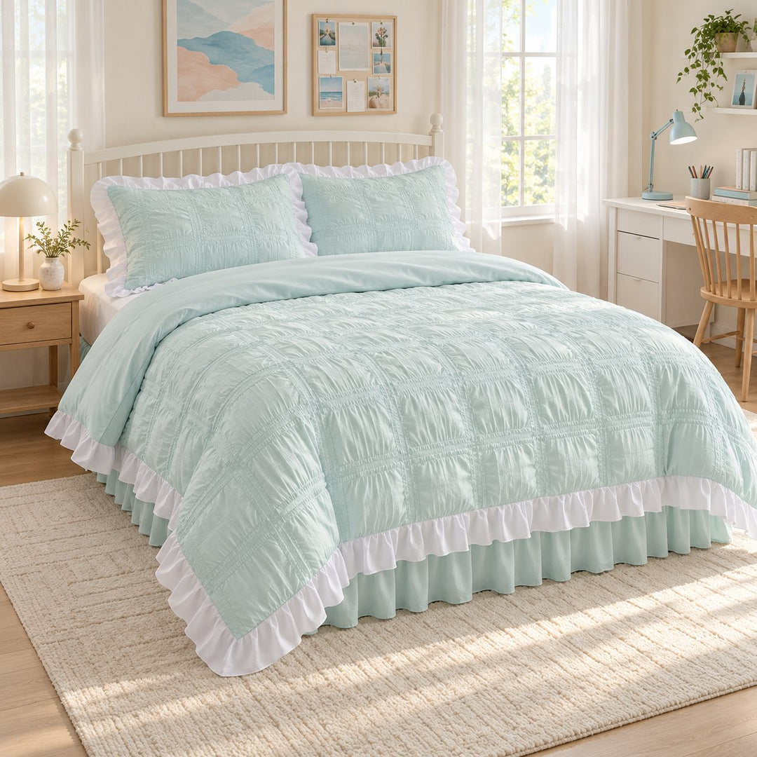 Kawaii Ruffle Bedding Set Twin Full Queen Soft Cotton Duvet Cover with Bed Skirt and Pillow Cases