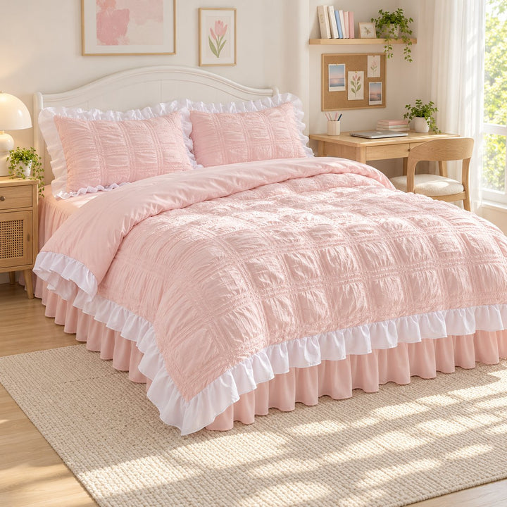 Kawaii Ruffle Bedding Set Twin Full Queen Soft Cotton Duvet Cover with Bed Skirt and Pillow Cases