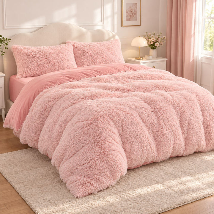 Cozy Plush Bedding Set Soft Duvet Cover Fluffy Pillowcases Fleece Fabric Machine Washable