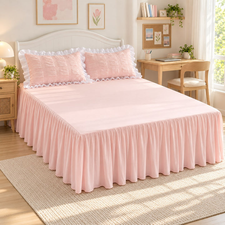 Kawaii Ruffle Bedding Set Twin Full Queen Soft Cotton Duvet Cover with Bed Skirt and Pillow Cases