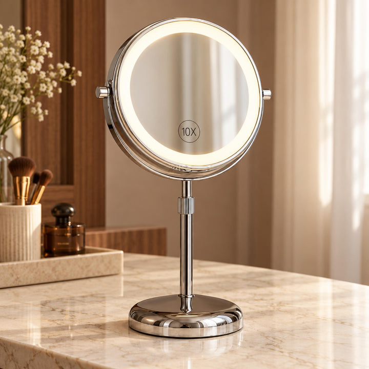 Modern Makeup Mirror with Lights Adjustable Height Dual-Sided 10X Magnifying USB Powered Dimmable