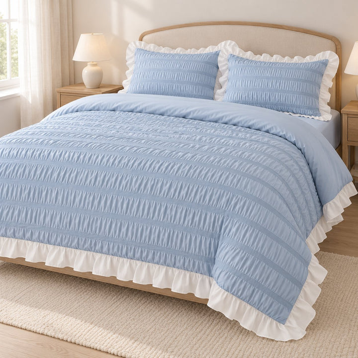 Modern Ribbed Bedding Set with Duvet Cover Flat and Fitted Sheets in 100% Cotton