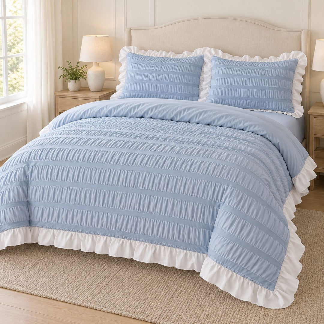 Modern Ribbed Bedding Set with Duvet Cover Flat and Fitted Sheets in 100% Cotton