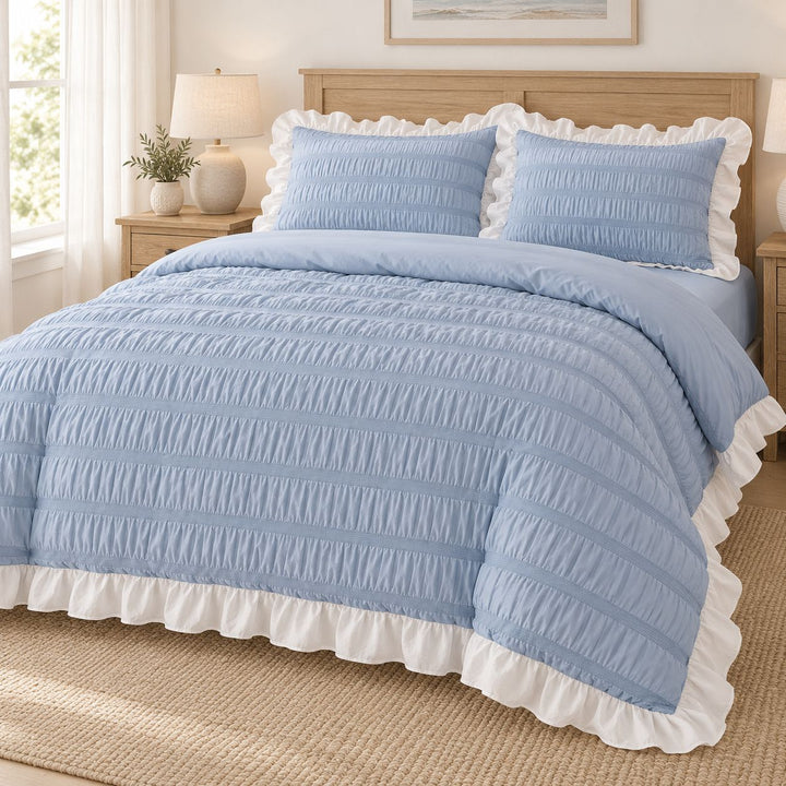 Modern Ribbed Bedding Set with Duvet Cover Flat and Fitted Sheets in 100% Cotton