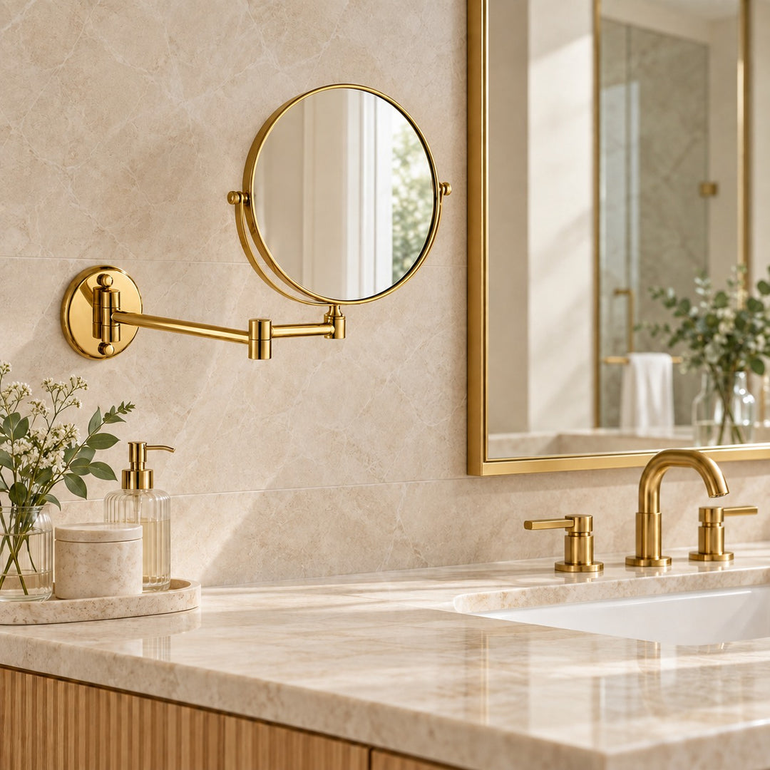 Modern Wall Mounted Makeup Mirror Double Sided Stainless Steel with 360° Rotation and Magnifying Feature