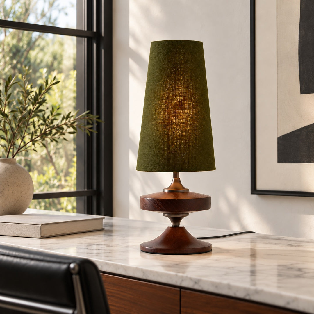 Modern Table Lamp with Tapered Fabric Shade and Walnut Wood Base Dimmable for Bedside or Living Room