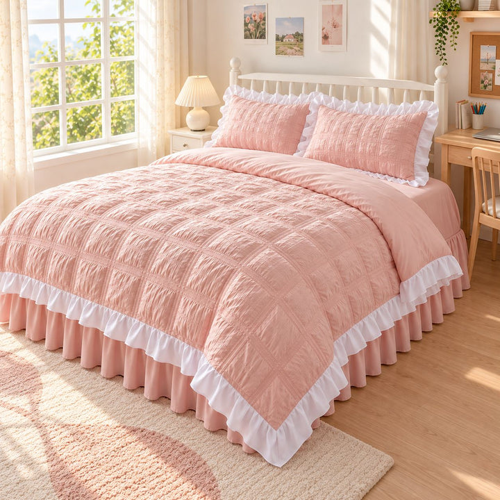 Kawaii Ruffle Bedding Set Twin Full Queen Soft Cotton Duvet Cover with Bed Skirt and Pillow Cases