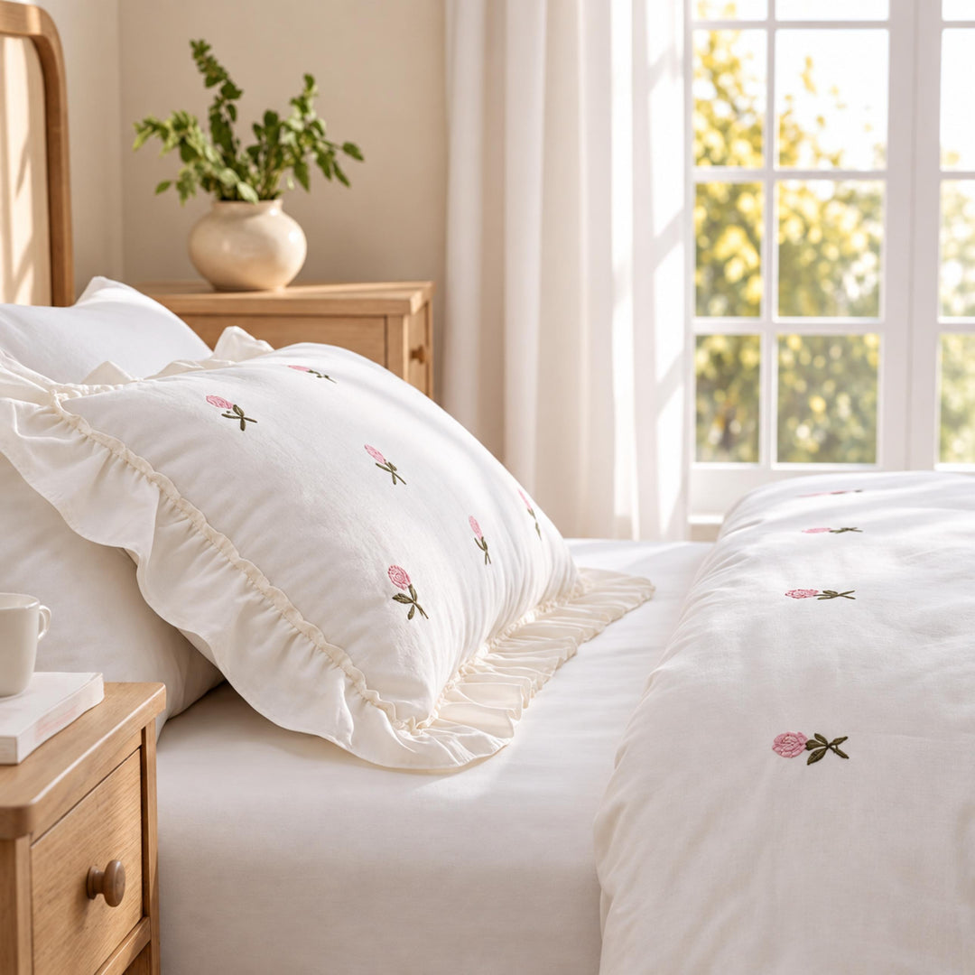 Floral Duvet Cover Set with Ruffled Pillowcases Soft Cotton for Coquette Bedroom Aesthetic