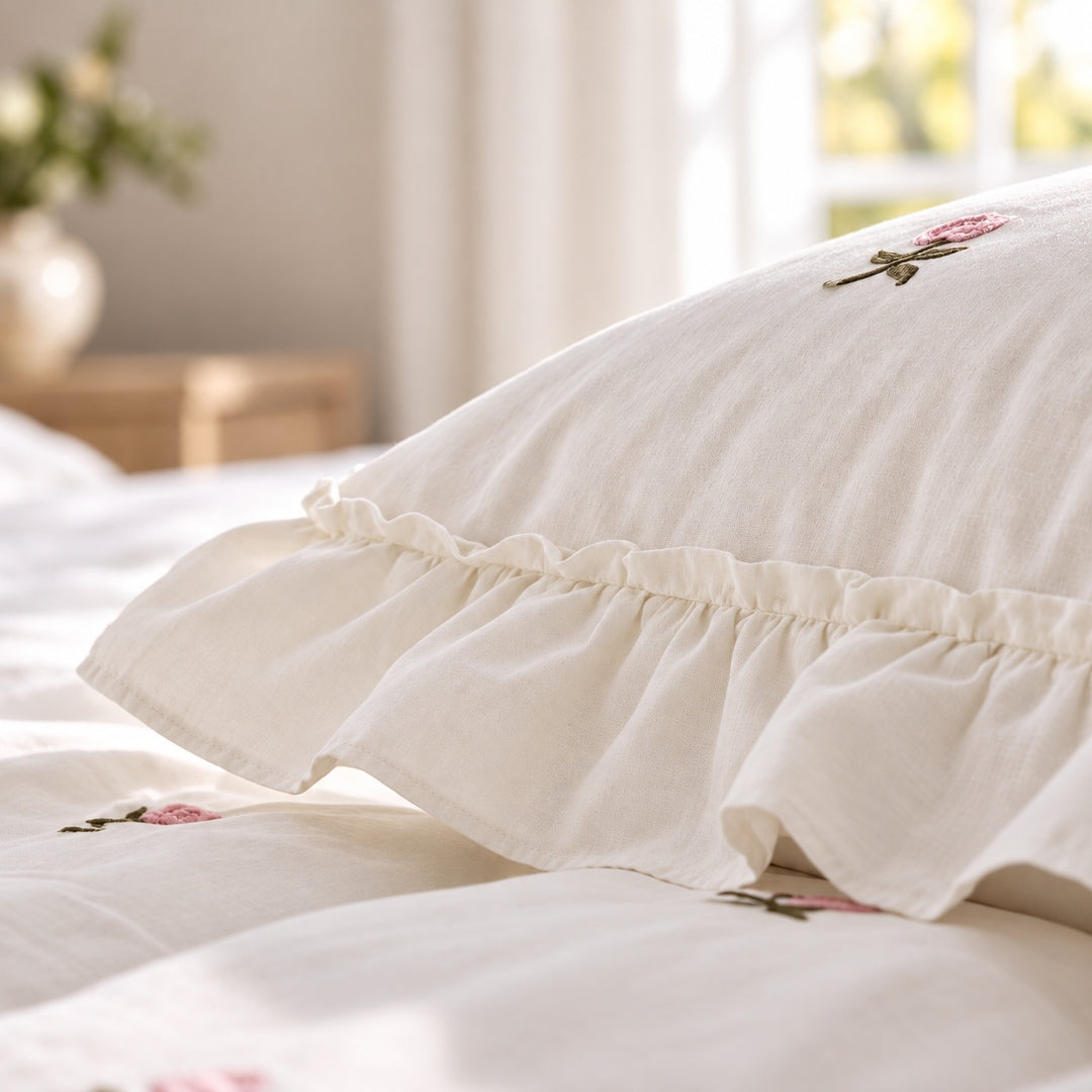Floral Duvet Cover Set with Ruffled Pillowcases Soft Cotton for Coquette Bedroom Aesthetic
