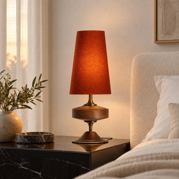 Modern Table Lamp with Tapered Fabric Shade and Walnut Wood Base Dimmable for Bedside or Living Room