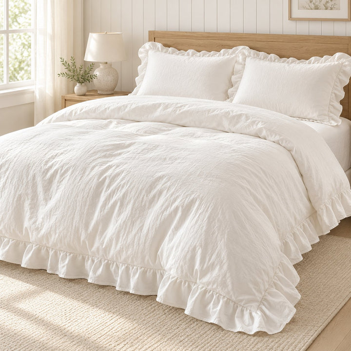 Modern Crumpled Ruffle Bedding Set Duvet Cover Flat Sheet Pillow Case Cotton Soft Texture
