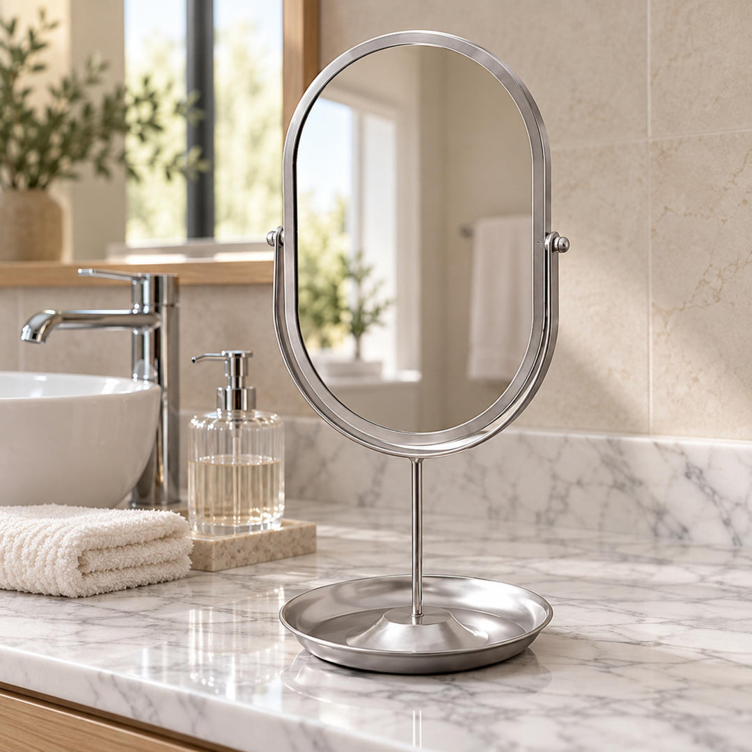 Modern Oval Vanity Mirror with 360° Rotating Wrought Iron Frame and HD Glass Surface