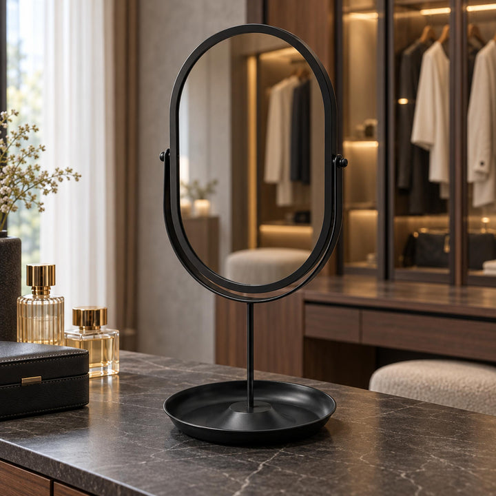 Modern Oval Vanity Mirror with 360° Rotating Wrought Iron Frame and HD Glass Surface