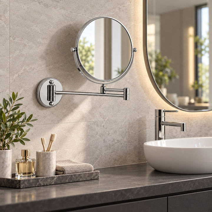 Modern Wall Mounted Makeup Mirror Double Sided Stainless Steel with 360° Rotation and Magnifying Feature