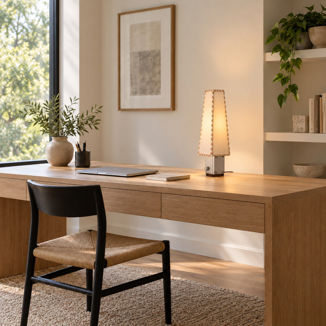 Contemporary Table Lamp with Iron and Walnut Base and Parchment Shade for Living Room Lighting