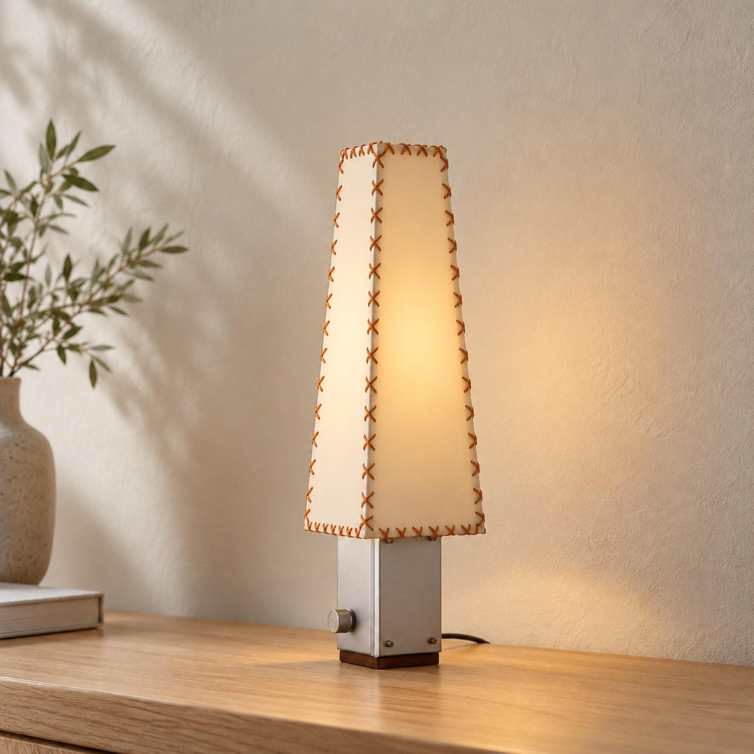 Contemporary Table Lamp with Iron and Walnut Base and Parchment Shade for Living Room Lighting