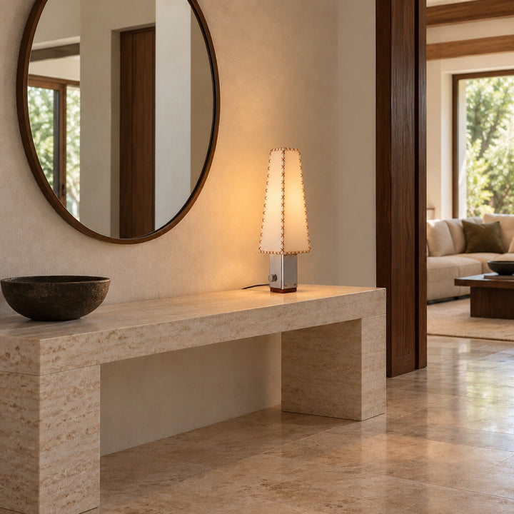 Contemporary Table Lamp with Iron and Walnut Base and Parchment Shade for Living Room Lighting