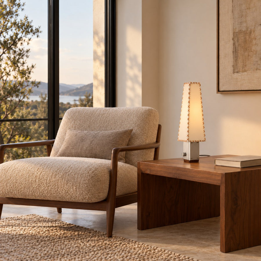 Contemporary Table Lamp with Iron and Walnut Base and Parchment Shade for Living Room Lighting in the living room