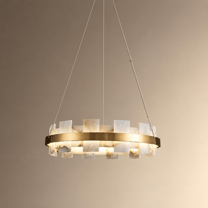 Modern Chandelier Ceiling Light Hanging Antique Brass Frame White Alabaster Panels LED