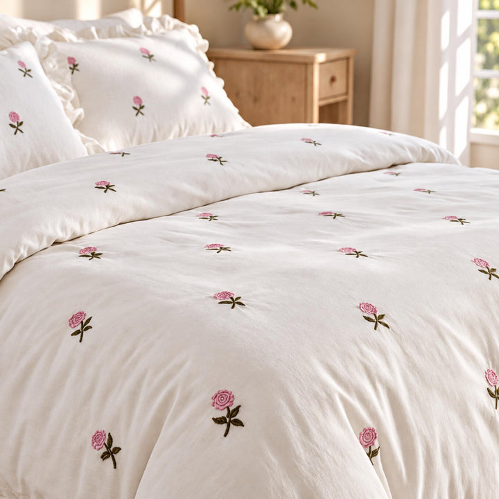 Floral Duvet Cover Set with Ruffled Pillowcases Soft Cotton for Coquette Bedroom Aesthetic