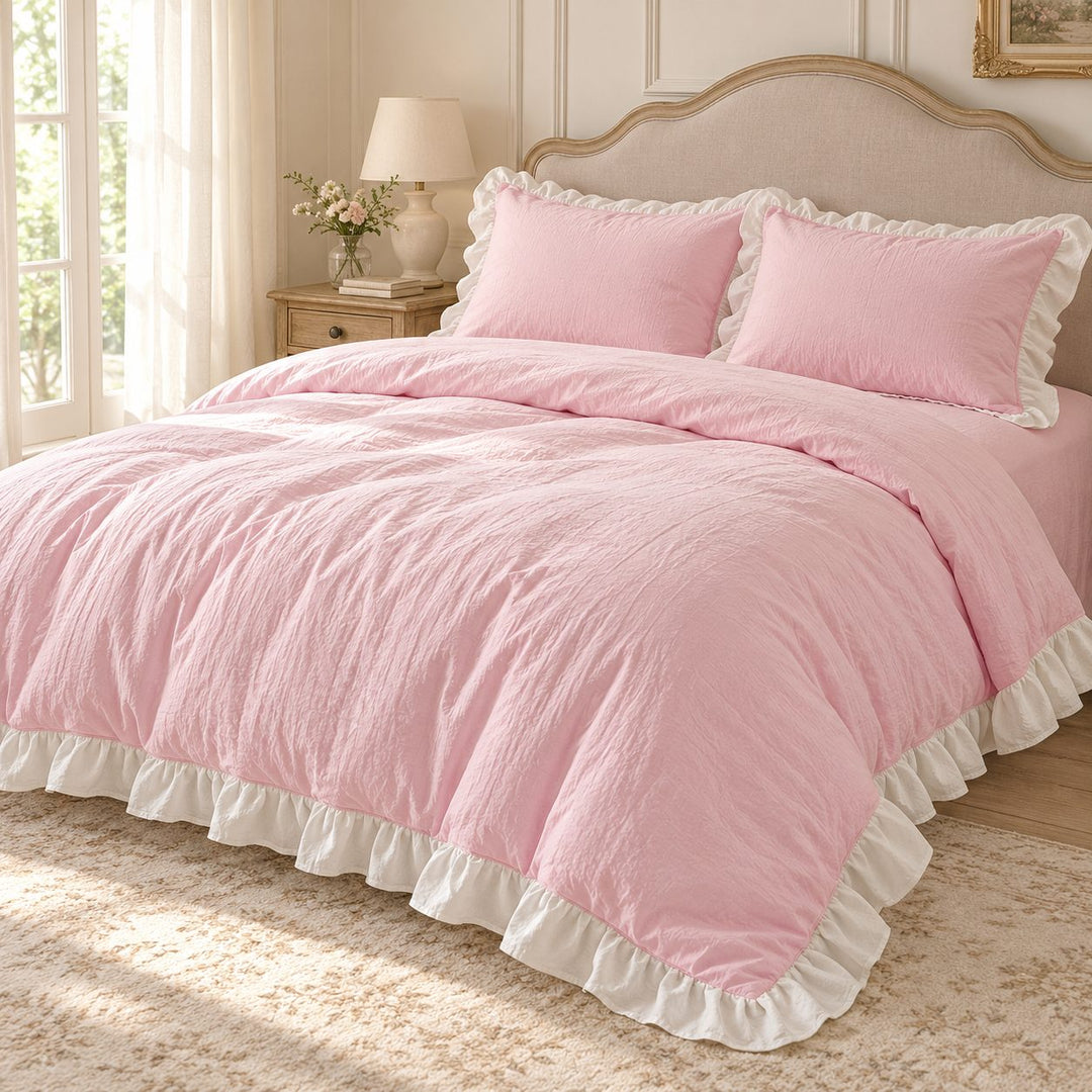 Modern Crumpled Ruffle Bedding Set Duvet Cover Flat Sheet Pillow Case Cotton Soft Texture