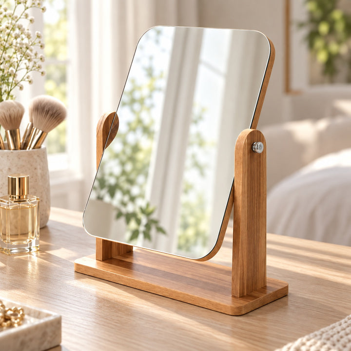 Modern Makeup Mirror Wooden Vanity Mirror 360° Rotating Compact Design for Countertop Use