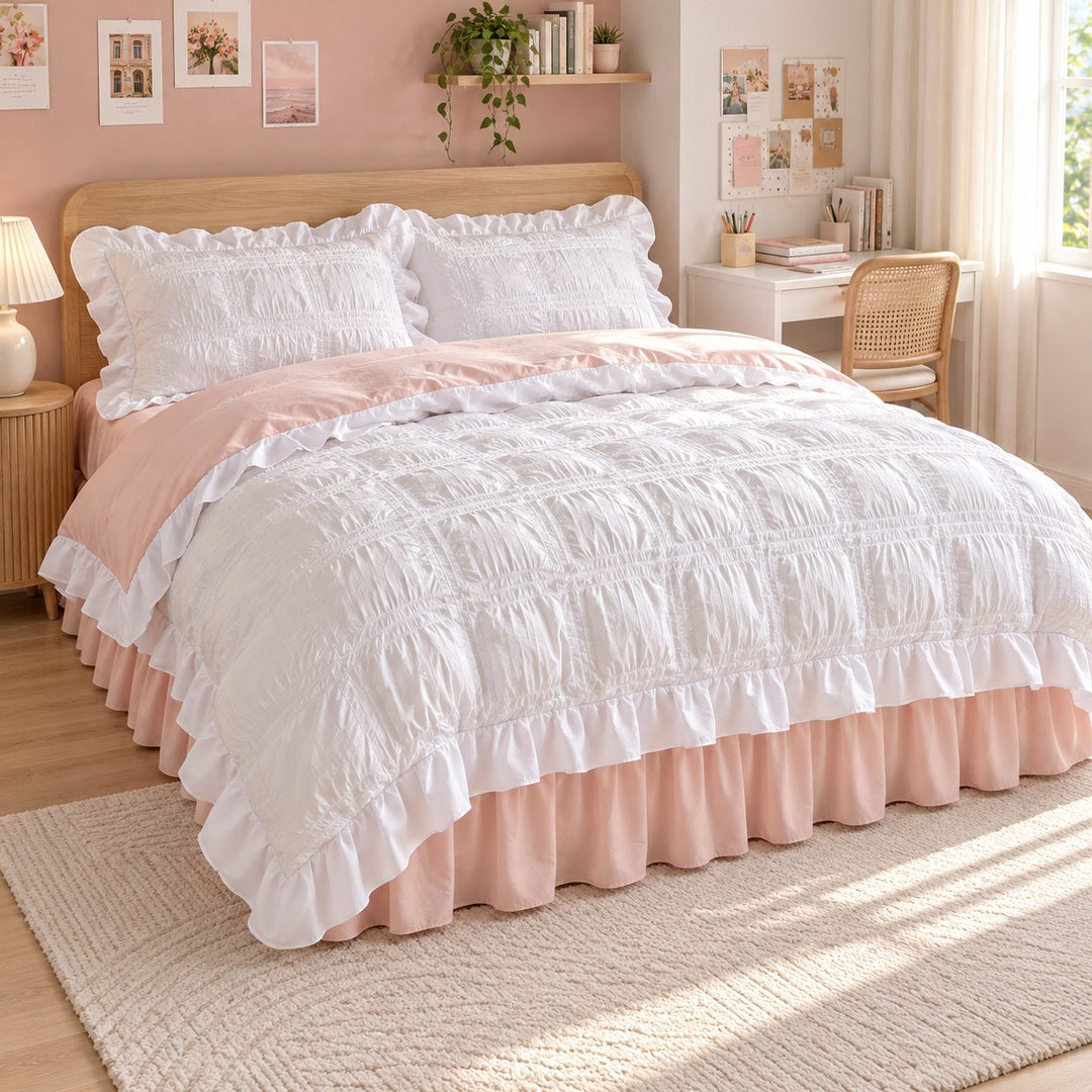 Kawaii Ruffle Bedding Set Twin Full Queen Soft Cotton Duvet Cover with Bed Skirt and Pillow Cases