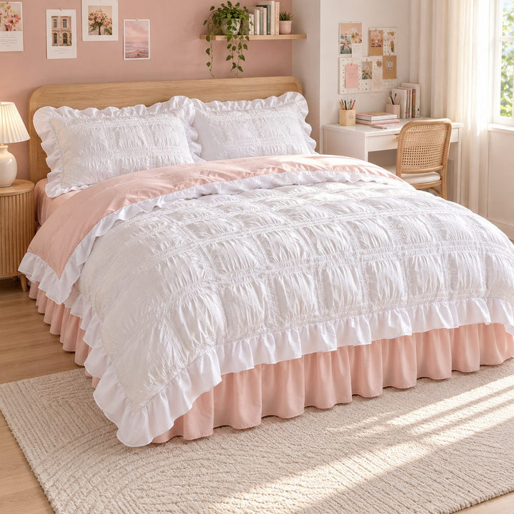Kawaii Ruffle Bedding Set Twin Full Queen Soft Cotton Duvet Cover with Bed Skirt and Pillow Cases