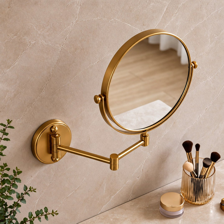 Modern Wall Mounted Makeup Mirror Double Sided Stainless Steel with 360° Rotation and Magnifying Feature