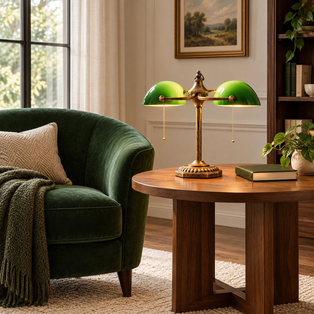 Industrial Table Lamp with Antique Brass Base and Emerald Glass Shades for Bedroom or Desk Use