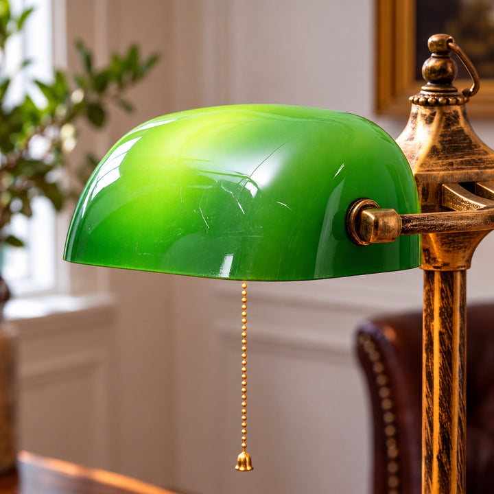 Industrial Table Lamp with Antique Brass Base and Emerald Glass Shades for Bedroom or Desk Use