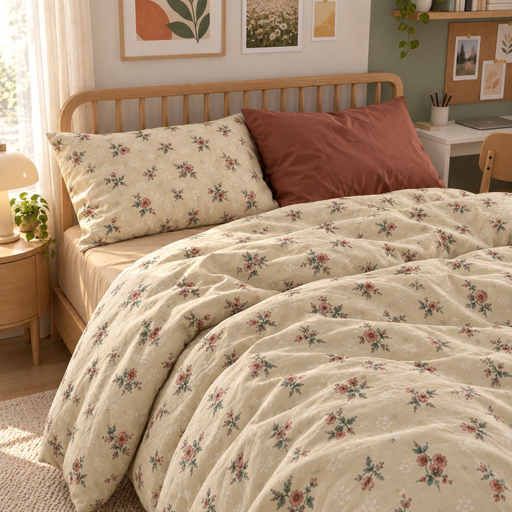 Vintage Floral Bedding Set Duvet Cover with Flat Sheet and Pillow Cases in Cotton for Cozy Aesthetic Rooms