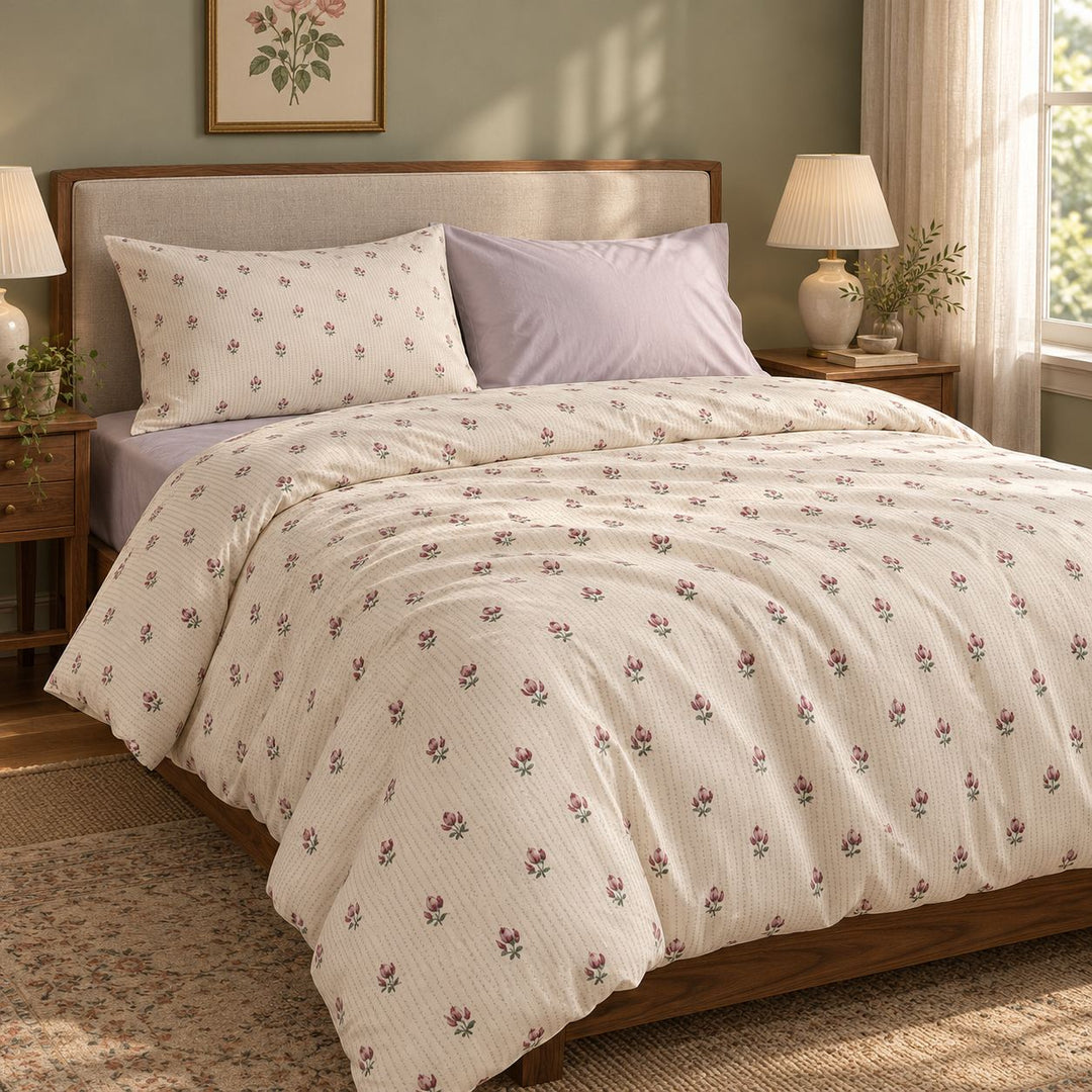 Vintage Floral Print Bedding Set Cozy Cotton Duvet Cover Flat Sheet Pillow Cases