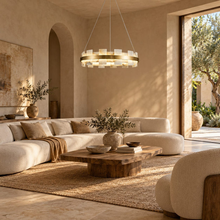 Modern Chandelier Ceiling Light Hanging Antique Brass Frame White Alabaster Panels LED