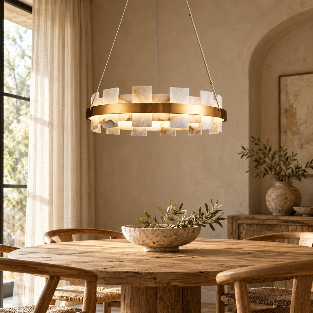 Modern Chandelier Ceiling Light Hanging Antique Brass Frame White Alabaster Panels LED