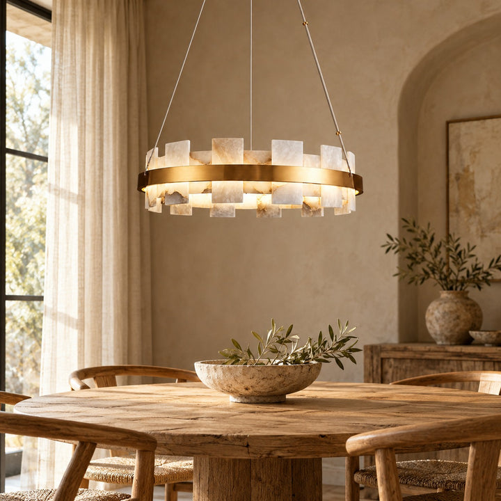 Modern Chandelier Ceiling Light Hanging Antique Brass Frame White Alabaster Panels LED