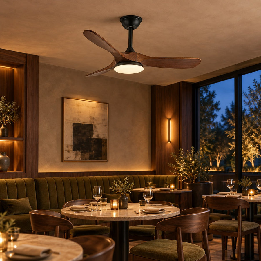 Modern Ceiling Fan with Lights Flush Mount Metal Frame 107cm or 132cm Blade Options in the evening dining