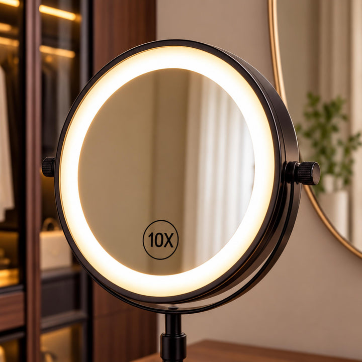 Modern Makeup Mirror with Lights Adjustable Height Dual-Sided 10X Magnifying USB Powered Dimmable