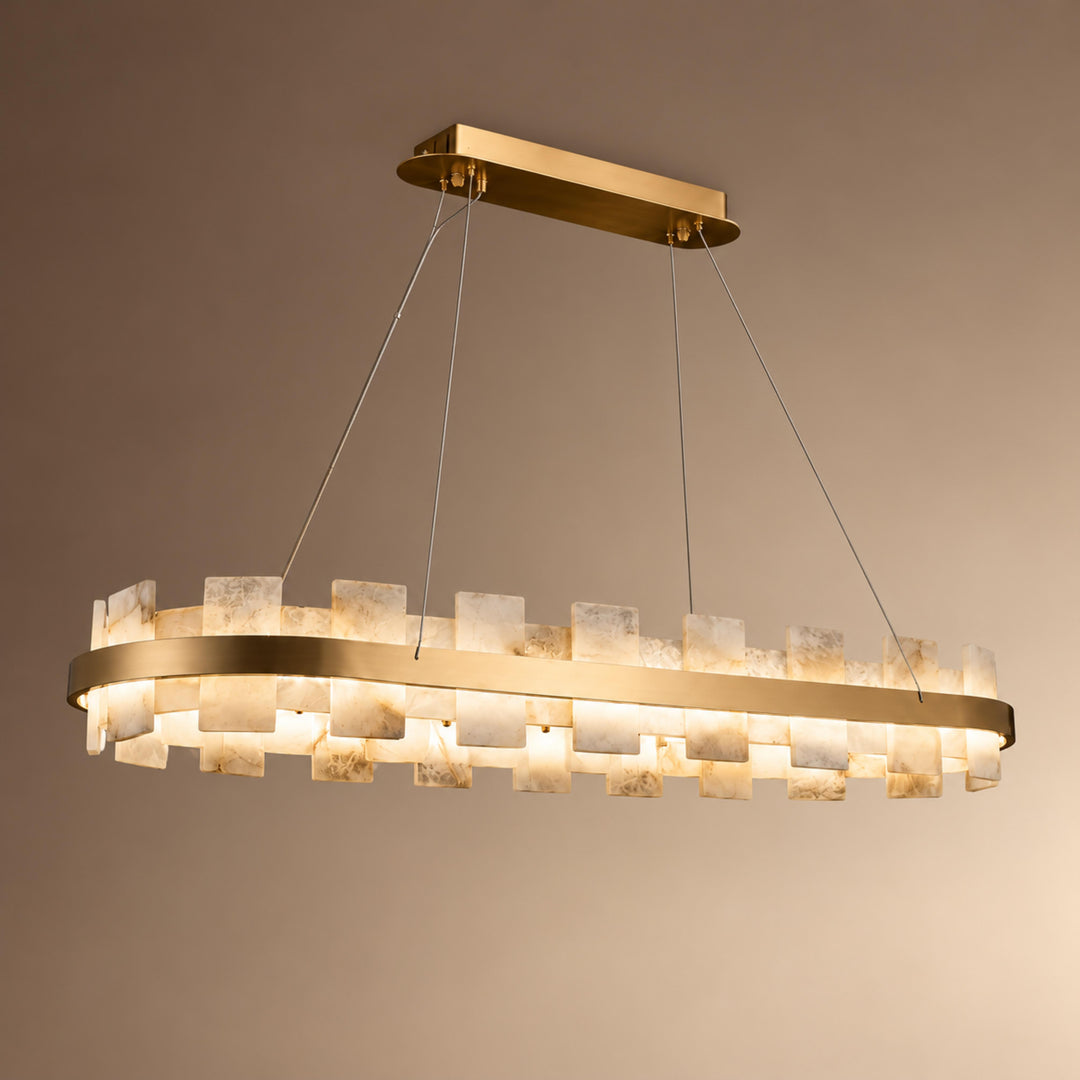 Modern Chandelier Ceiling Light Hanging Antique Brass Frame White Alabaster Panels LED
