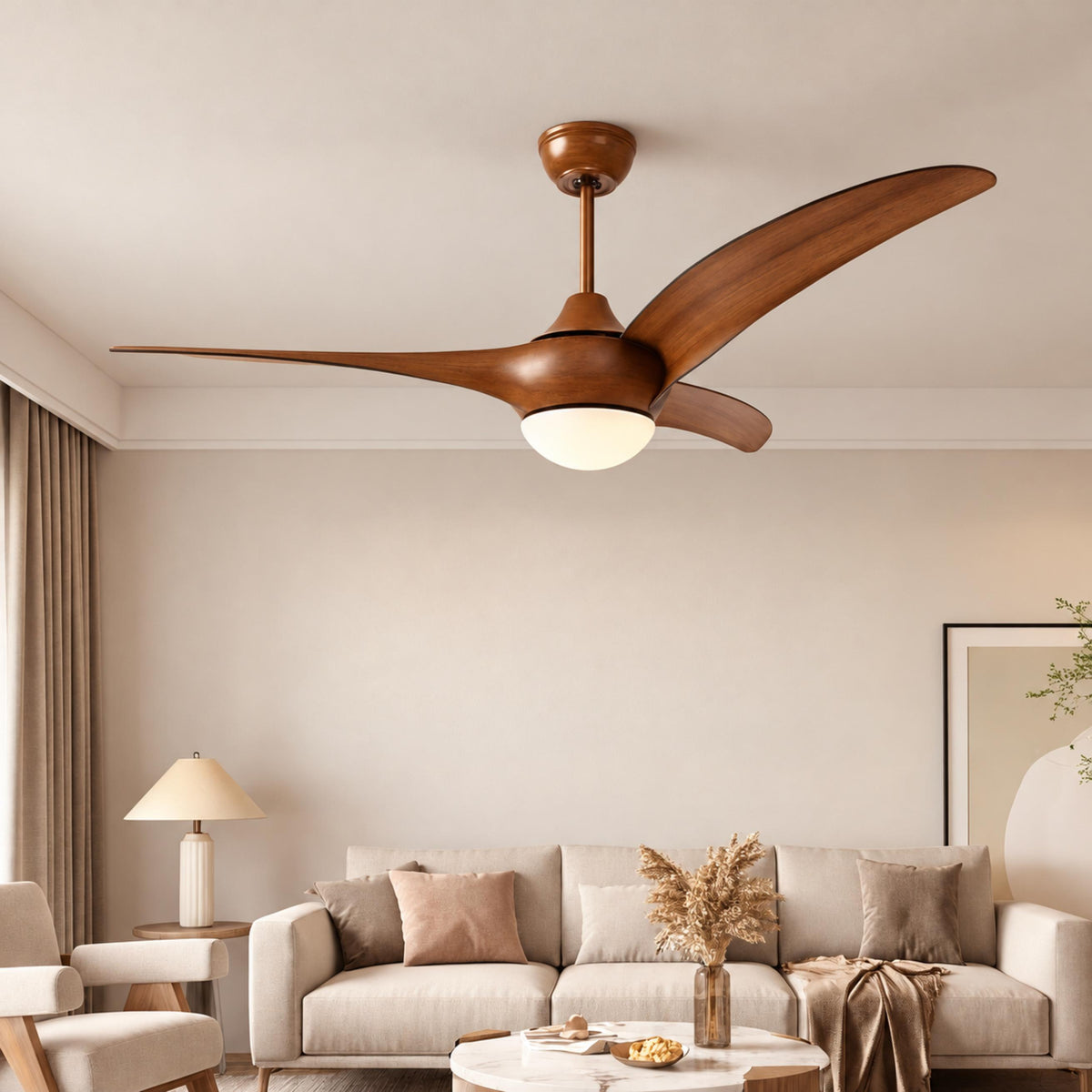 Traditional Ceiling Fan with Wood Blades Flush Mount Opal Glass Diffuser for Indoor Use