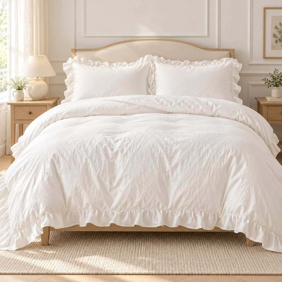 Modern Crumpled Ruffle Bedding Set Duvet Cover Flat Sheet Pillow Case Cotton Soft Texture