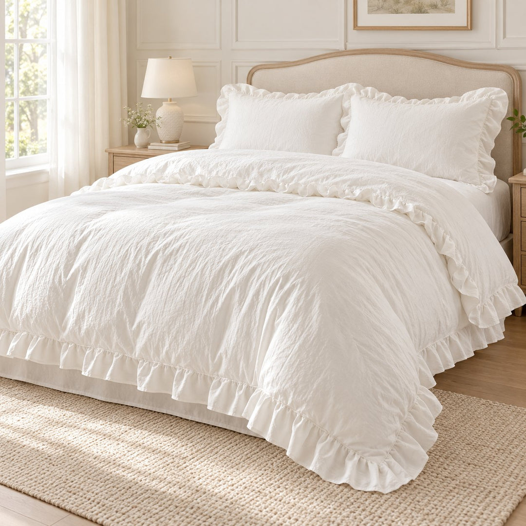 Modern Crumpled Ruffle Bedding Set Duvet Cover Flat Sheet Pillow Case Cotton Soft Texture