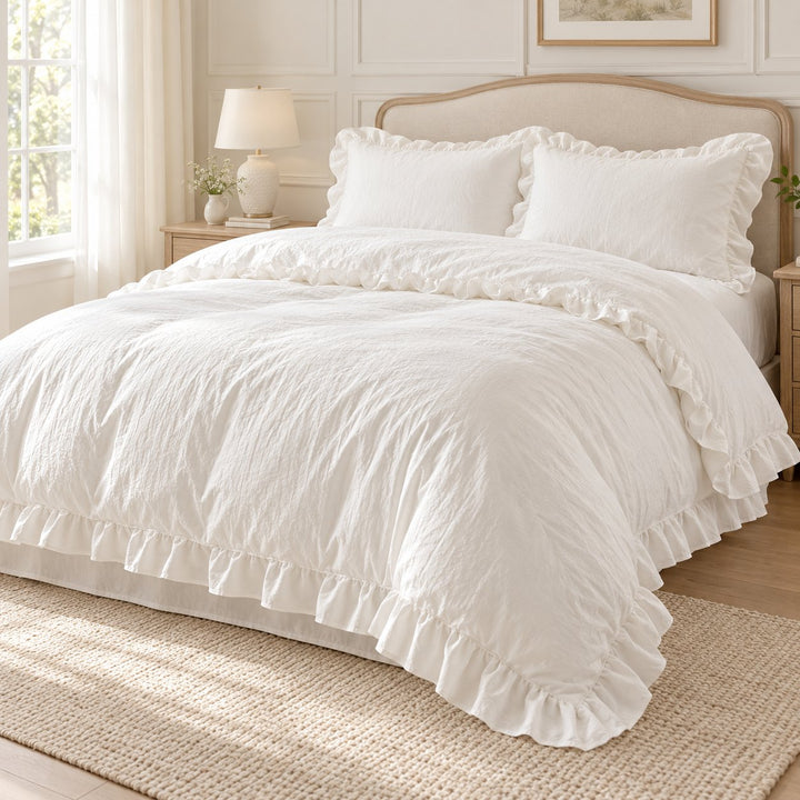 Modern Crumpled Ruffle Bedding Set Duvet Cover Flat Sheet Pillow Case Cotton Soft Texture